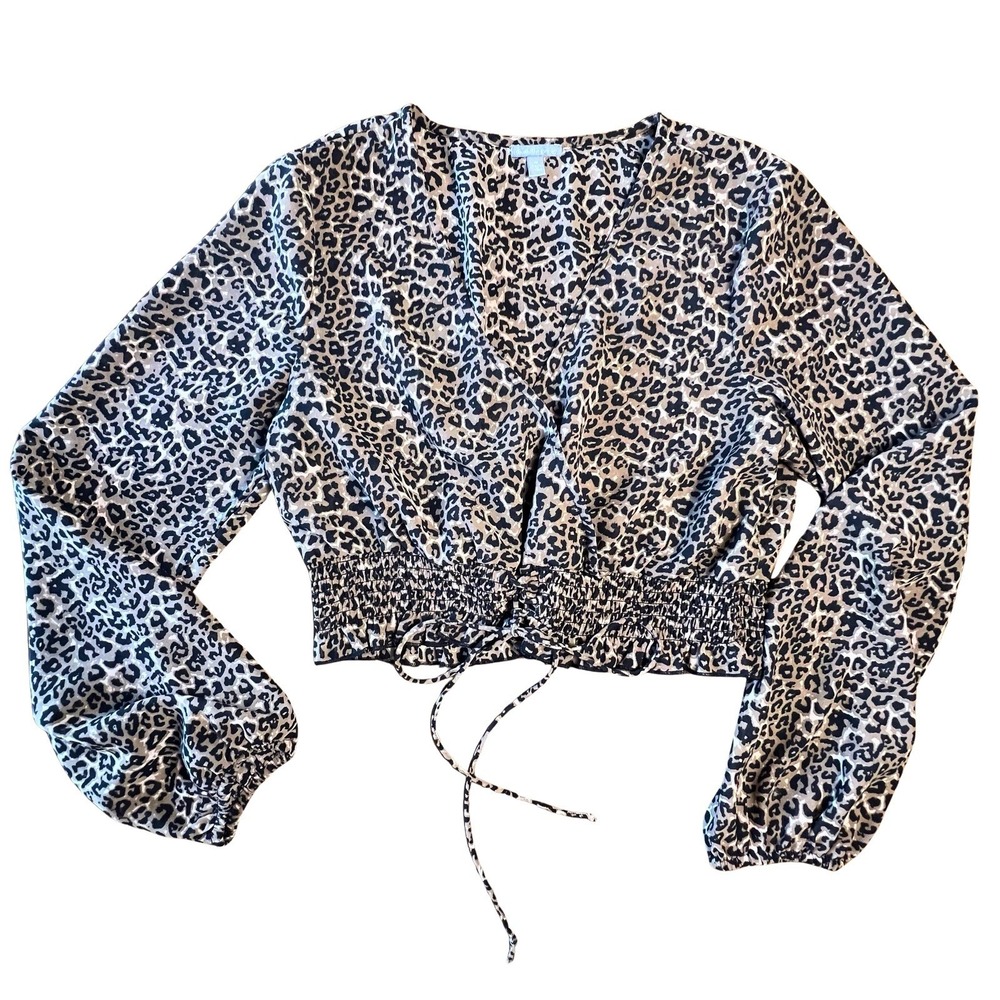 Leopard Print Long Bell Sleeve Blouse With Smocked Waist Tie Detail Size Med M